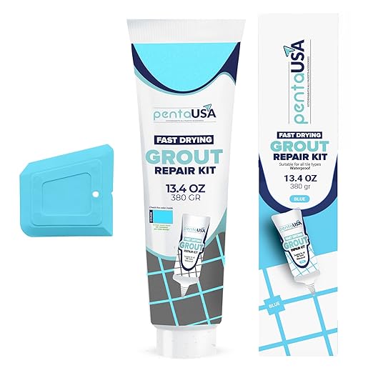 PentaUSA Tile Grout - Large Grout Filler Repairs Renews Tube, Fast Drying Grout Repair Kit, Odorless Formula - Grout Floater Included - 13.4oz / 380gr (Blue)
