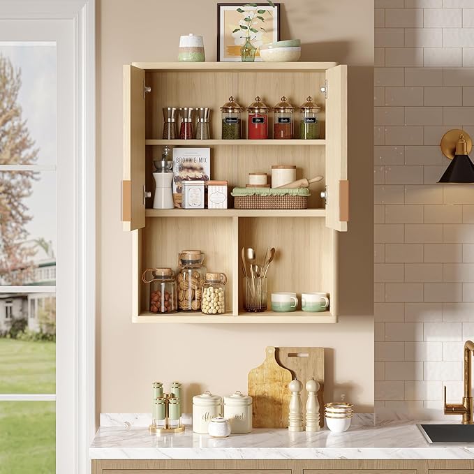 Bestier Fluted Bathroom Wall Cabinet Over The Toilet Storage, 23"x 29" Medicine Cabinet with Adjustable Shelf, Laundry Cabinet Wall Mounted and Kitchen Storage Cabinet(Natural Oak)