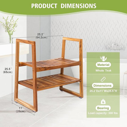 VVW Teak Shower Bench - Shower Seat with Arms Storage Shelf,26 Inch Teak Wood Shower/Wooden Bathroom 2-Tier Spa Bathing Stool/Waterproof,Shower Seat for Adults Elderly,Indoor and Outdoor Use