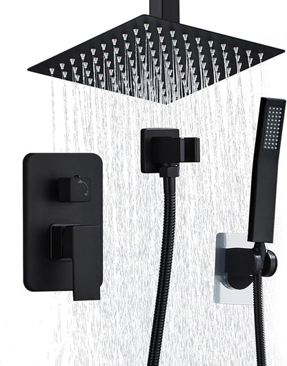 8 Inch Shower Faucet Set Ceiling Mount, High Pressure Rainfall Shower System, Square Rain Shower Head with Handheld Spray Combo, Ceiling Luxury Rainfall Shower Fixtures Matte Black (L-Style)