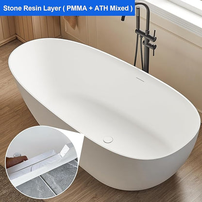 Cpingao 67" Stone Resin Freestanding Bathtub, Egg Shell Solid Surface Soaking Stand Alone Tubs with Pop-up Drain and Overflow, Matte White 8848-1700
