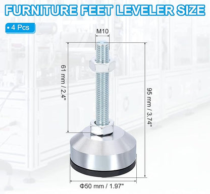 PATIKIL Furniture Leveling Feet 2" Dia Base M10 Thread, 4 Pcs Carbon Steel Adjustable Threaded Furniture Leveler Screw on Leg Leveler with Pads for Desk Chair Cabinet, Black