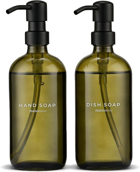 MaisoNovo Soap Dispenser 2-Piece Set | 16.9oz Green Bottles with Black Stainless Steel Pumps