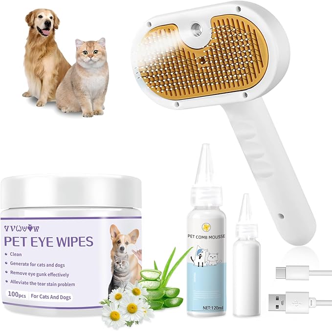 Pet Steam Brush for Dog & Cat – 3-in-1 Spray Hair Removal Comb – Steam for Shedding & Grooming – Water Brush for Long & Short Haired Pets – Spritz Defur Comb – Includes 2*Waterless Shampoo