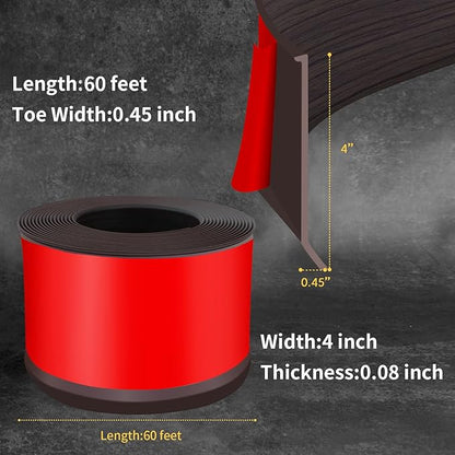 Flexible Baseboard Molding Trim 4 Inch Self-Adhesive Vinyl Wall Base Peel and Stick Cove Base Rubber Wall Baseboard Moulding Trim (60Ft, Dark Walnut Wood Grain)