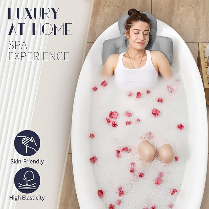 Full Body Bath Pillow for Bathtub, Thick Bathtub Cushion with Laundry Bag, Luxury Tub Pillow for Bath for Headrest Neck and Back Support Gray 56" x 16"