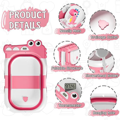 TPN Collapsible Baby Bathtub, Baby Bath Tub with Soft Cushion & Real-Time Thermometer, Baby Bathtub Infant to Toddler Tub (0-36 Months), Portable Travel Baby Tubs for Newborns (Pink)
