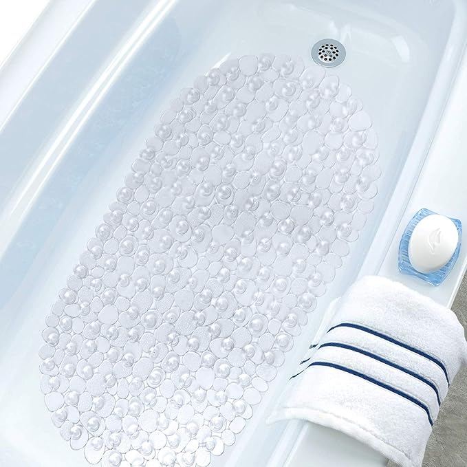 WELTRXE Pebbles Bath Mat Clear Non-Slip Bathtub Mat with Suction Cups, Drain Holes for Bathroom Showers, Tub, Machine Washable, BPA, Latex Free Safe Shower Mats, Oval 27 x 14 Inch