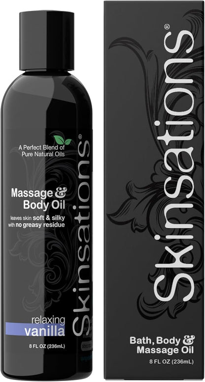 Sweet Vanilla Body & Massage Oil by Skinsations – Lightweight, Non-Greasy Body Oil for Relaxing Home Massage & Moisturized Skin – 8oz