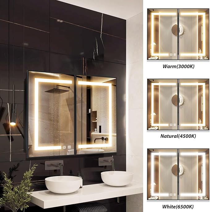 APRILSOUL 40X32 Inch Black Bathroom Medicine Cabinet with Mirror, Recessed or Surface Lighted Medicine Cabinet with 3 Colors Temperature, Dimmable Light
