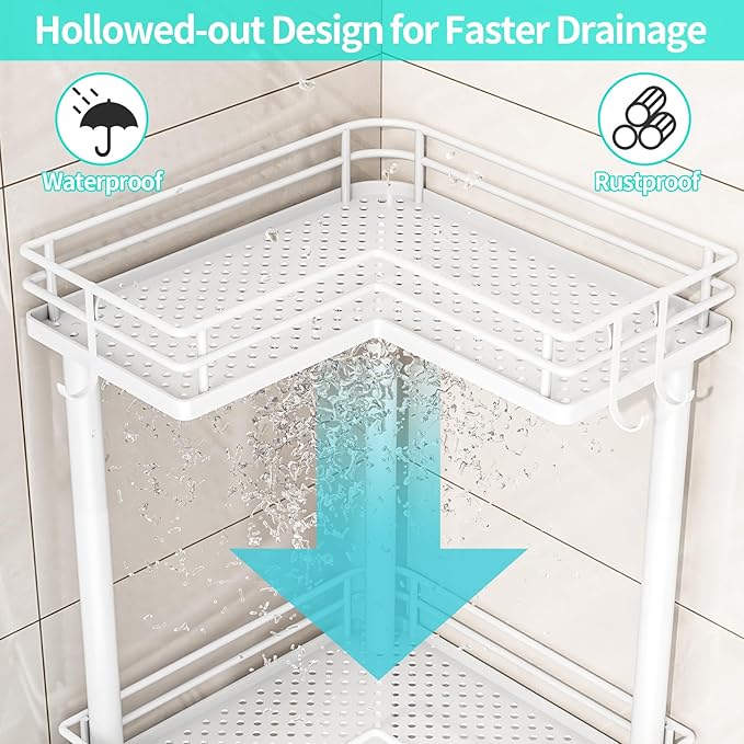 HapiRm Corner Shower Caddy Standing - 3 Tier Shower Organizer Corner with Soap Holder, Rustproof Bathroom Standing Organizer with 4 Hooks, White