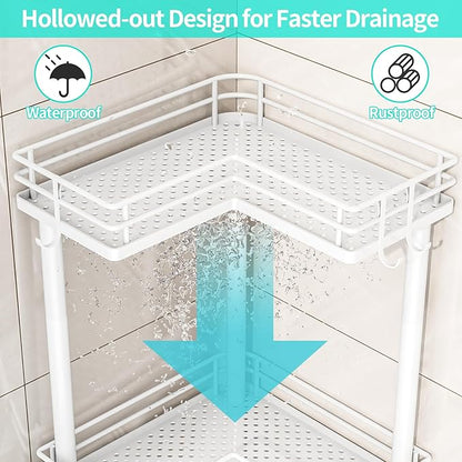 HapiRm Corner Shower Caddy Standing - 3 Tier Shower Organizer Corner with Soap Holder, Rustproof Bathroom Standing Organizer with 4 Hooks, White
