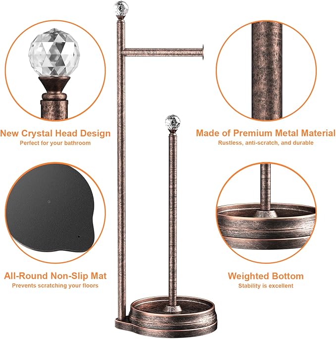 Toilet Paper Holder for Bathroom, Heavy Weighted Metal Free Standing Toilet Paper Holder Stand with Crystal Ball, Toilet Paper Roll Stand for Bathroom Accessories (Oil Rubbed Bronze)