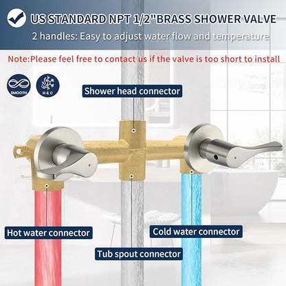 2 Handle Shower Faucet Set with Tub Spout Bathtub Shower Faucet Combo Set Shower System Complete Tub and Shower Trim Kit Brushed Nickel Wall Mounted Two Handles Shower Fixtures