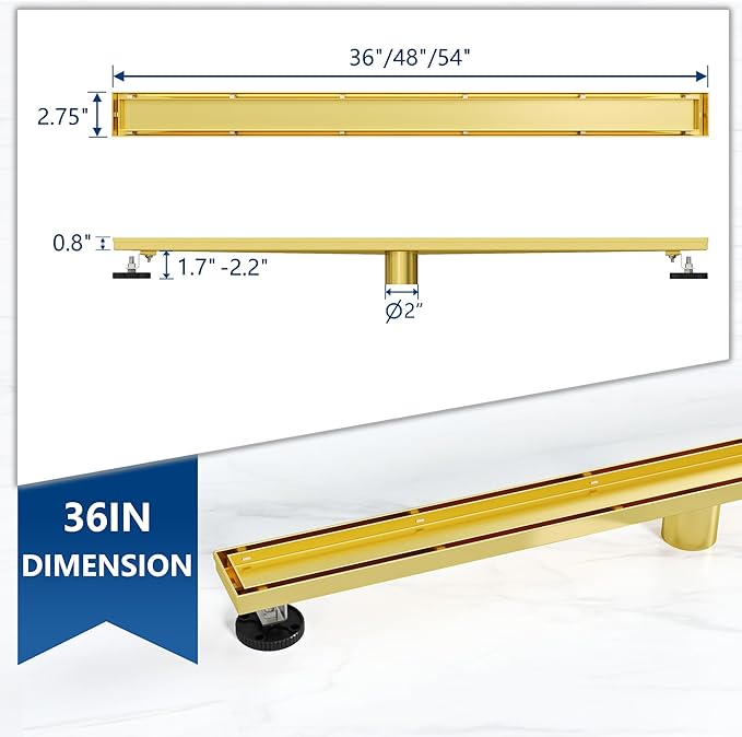 Neodrain 36-Inch Linear Shower Drain with Tile Insert Grate, Golden 304 Stainless Steel Rectangle Shower Floor Drain, Linear Drain with Leveling Feet, Hair Strainer