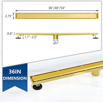 Neodrain 36-Inch Linear Shower Drain with Tile Insert Grate, Golden 304 Stainless Steel Rectangle Shower Floor Drain, Linear Drain with Leveling Feet, Hair Strainer