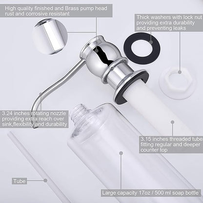 Samodra Kitchen Sink Soap/Lotion Dispenser, Brass Pump Head Chrome Finish 12 OZ Bottle Built in Design Refill from The Top for Granite Thick Deck Installs