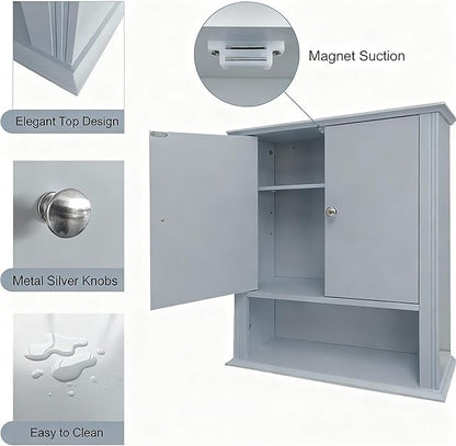 Wall Mounted Bathroom Cabinet Wooden Storage Cabinet with 2 Doors & Adjustable Shelf, Hanging Wall Cabinet Over Toilet, Upper Cabinet Storage Cupboard forBathroom, Kitchen,Laundry Room, Light Grey