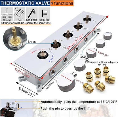 Thermostatic Shower System Dual Shower Heads with 16" Ceiling Mounted Rain Shower Head & 6" Wall Mounted Head 4 Function Full Body Shower System with body jets Can All Run Together, Chrome