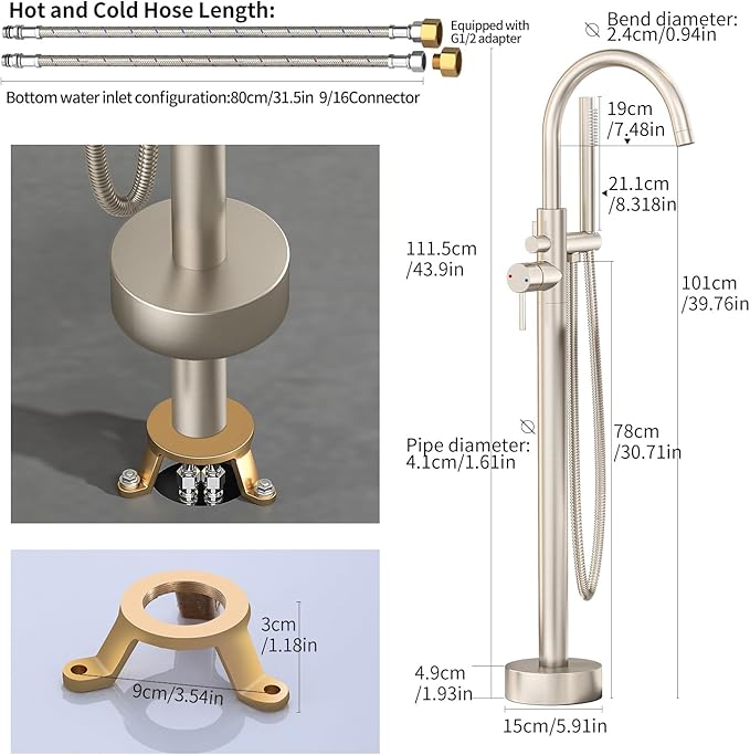 Freestanding Bathtub Faucet Waterfall Tub Filler Brushed Nickel Floor Mount Brass Single Handle Bathroom Faucets with Hand Shower (Brushed Nickel, The bottom of the water)