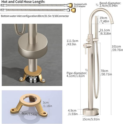 Freestanding Bathtub Faucet Waterfall Tub Filler Brushed Nickel Floor Mount Brass Single Handle Bathroom Faucets with Hand Shower (Brushed Nickel, The bottom of the water)