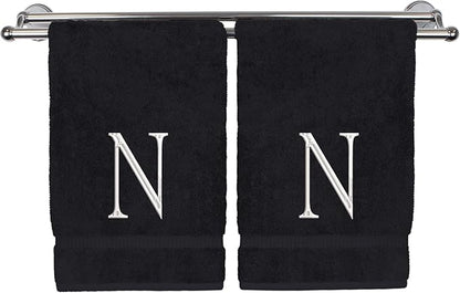 Monogrammed Hand Towel, Personalized Initial Gift, Extra Absorbent 100% Turkish Cotton - Soft Terry Finish - Set of 2 - White Block Initial N - Embroidered on Black Towels