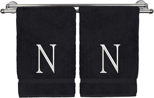 Monogrammed Hand Towel, Personalized Initial Gift, Extra Absorbent 100% Turkish Cotton - Soft Terry Finish - Set of 2 - White Block Initial N - Embroidered on Black Towels