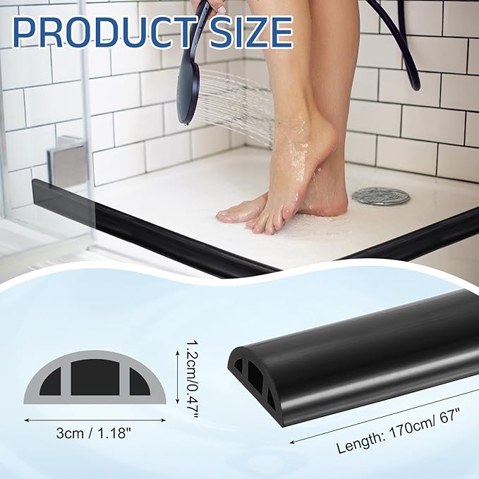 uxcell Shower Water Barrier, 67" Silicone Splash Guard Shower Water Stopper Retention System for Bathtub Sink Washing Machine Dry and Wet Separation, 1.18"W x 0.47"H, Black