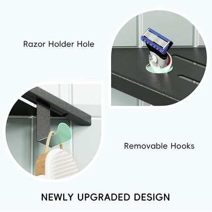 10’’ Shower Corner Shelf, Stainless Steel Shower Shelves with Razor Hole for Bathroom, Grout in Corner Shelf with Hooks for Tiled Wall 2 Pack, Matte Black