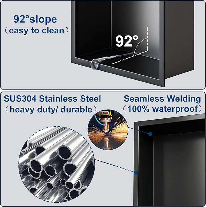 Neodrain 12X30 Inch Matte Black 3-Tier Stainless Steel Shower Niche, NO Tile Needed Recessed Wall Niche Shelf for Bathroom Storage Cabinet