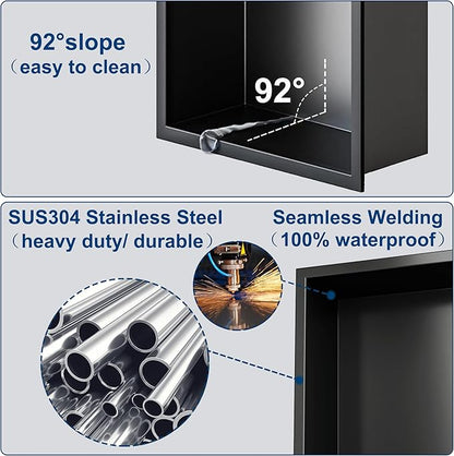 Neodrain No Tile Shower Niche, Stainless Steel Wall Niche 13.1"X25.1"(Inner Size 12"X24"), Two-Tier Bathroom Shelf, NO Tile Needed Recessed Cabinet for Bathroom Storage, Matte Black