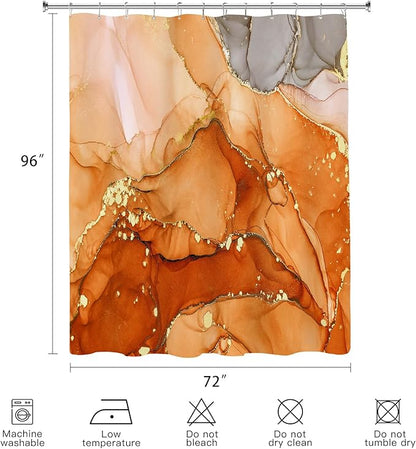 Extra Long Shower Curtain 72 x 96 Inch, Orange Floor to Ceiling X-Long Abstract Marble Shower Curtains for Bathroom, Modern Luxury Art Ink Fabric Shower Curtain Set with Hooks