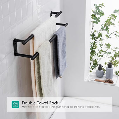 BAGNOLUX Double Towel Bar, SUS304 Towel Racks for Bathroom Wall Mounted 2-Tiers Ladder Towel Rails, Space Saving Bathroom Towel Holder Shelves Rack, Long Towel Hanger (24“-Round-Matte Black)