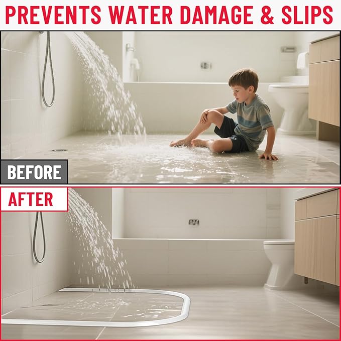 Shower Threshold Water Dam Barrier – 138in Self-Adhesive, Waterproof, Flexible Silicone, Customizable, Easy Install, Prevents Water Leakage & Slipping, Wheelchair Access