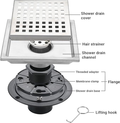 4 Inch Square Shower Floor Drain, Stainless Steel Black Shower Drain Kit with Flange, Floor Drain with Removable Grid Cover,Brushed Nickel (Brushed Nickel, 4 inch)