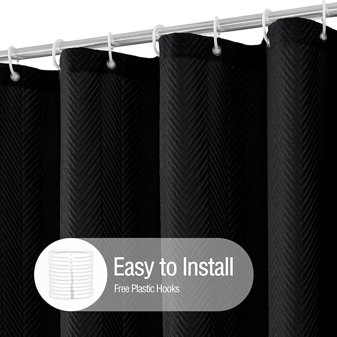 Gibelle Black Shower Curtain, 3D Embossed Textured Herringbone Fabric Shower Curtain, Modern Farmhouse Bathroom Decor Soft Cloth Shower Curtain Set with Hooks, 72x72