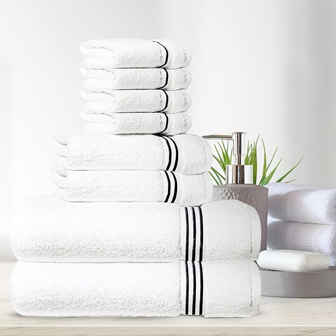 8-Piece Premium Towel Set, 2 Bath Towels, 2 Hand Towels, and 4 Wash Cloths, 100% Ring Spun Cotton Highly Absorbent Towels for Bathroom, Gym, Hotel, and Spa