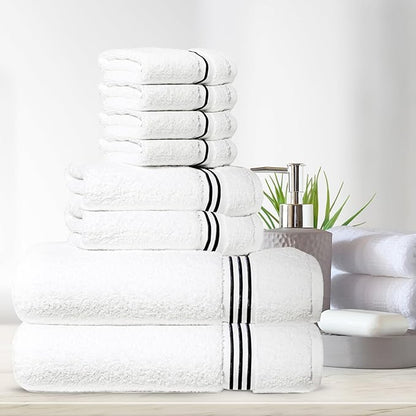 8-Piece Premium Towel Set, 2 Bath Towels, 2 Hand Towels, and 4 Wash Cloths, 100% Ring Spun Cotton Highly Absorbent Towels for Bathroom, Gym, Hotel, and Spa