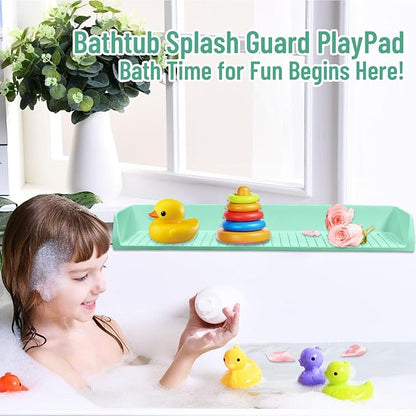Splash Guard for Bathtub Kids, Longer Silicone Bathtub Splash Guard with 11 Suction Cups, Bath Tub Play Shelf for Kids & Toy Holder, Prevent Water Spill in Bathroom, Green