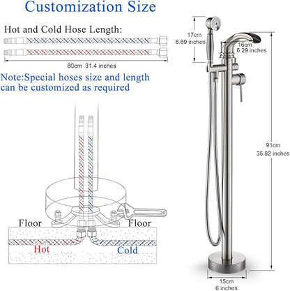 Senlesen Brushed Nickel Bathroom Single Handle Freestanding Bathtub Faucet Floor Mounted Waterfall Tub Filler with Hand Shower Set