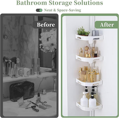 Tension Pole Shower Caddy Organizer with 4 Tier L-Shaped Rust Resistant Bathroom Corner Shelves with 34-124 Inch Adjustable No Drilling Quick Install Shower Rack for Bath Essentials (White)