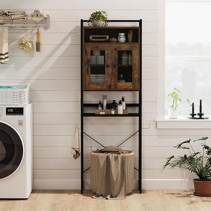 Tangkula Over The Toilet Storage Cabinet, 5-Tier Space Saver Above Toilet with 2 Mesh Doors, Metal Stand, Toilet Paper Holder & Hook, Freestanding Bathroom Cabinet Organizer for Laundry, Rustic Brown