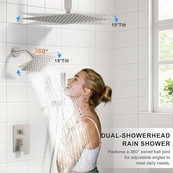 Rain Shower System Brushed Nickel Shower Faucet Set, Dual Rainfall Shower Head Set with 2 in 1 Handheld Spray, Ceiling Mount 12-inch & 6-inch Square Showerheads with Valve, Brushed Nickel