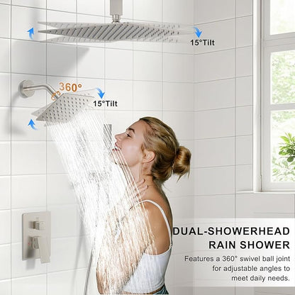 Rain Shower System Brushed Nickel Shower Faucet Set, Dual Rainfall Shower Head Set with 2 in 1 Handheld Spray, Ceiling Mount 12-inch & 6-inch Square Showerheads with Valve, Brushed Nickel