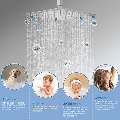 Shower System Dual Shower Heads with 12" Ceiling Mounted Rain Shower Head & 6" Wall Mounted Head Full Body Luxury Rain Shower System 3 Way Pressure Balance Valve Kit, Brushed Nickel