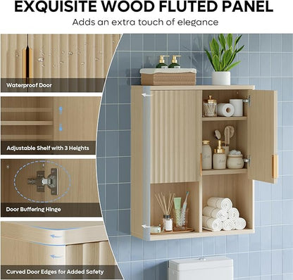 Bestier Fluted Bathroom Wall Cabinet Over The Toilet Storage, 23"x 29" Medicine Cabinet with Adjustable Shelf, Laundry Cabinet Wall Mounted and Kitchen Storage Cabinet(Natural Oak)