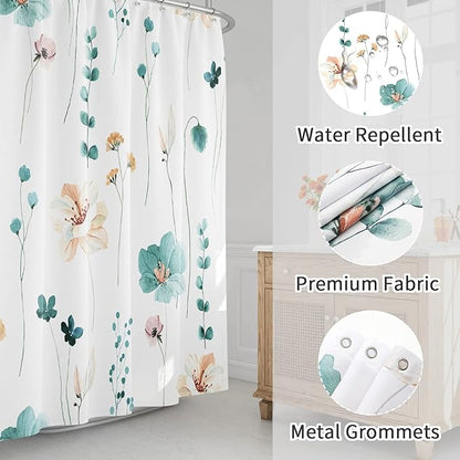 Gibelle Small Stall Shower Curtain 36 x 72, Narrow Half Watercolor Floral Fabric Shower Curtain, Teal Beige Flower Decorative Bathroom Shower Curtain Set