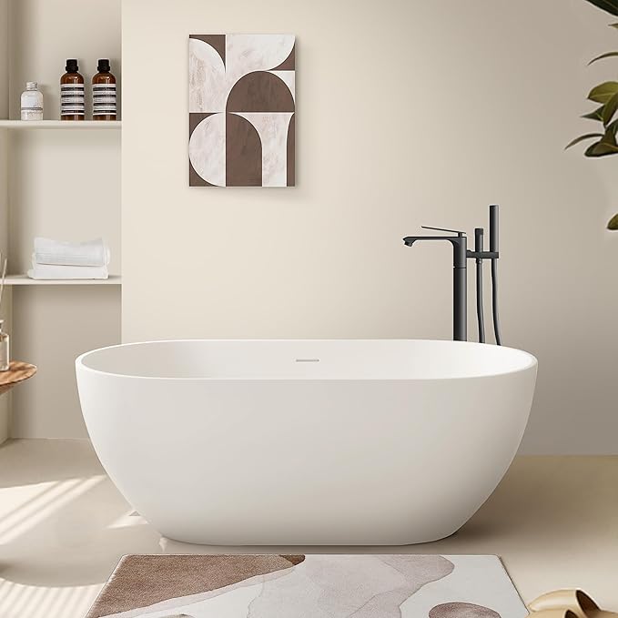 SJ STAR&JANE 59" Solid Surface Freestanding Bathtub, Matte White Oval Soaking Stone Resin Tub with Overflow and Pop-up Drain for Modern Bathrooms