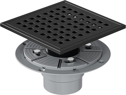 Neodrain Square Shower Drain,6 inch Black Stainless Steel 304 Grate and PVC Drain Body, Grate with Kit Includes Hair Trap/Strainer,Lifting Hook and PVC Drain Base