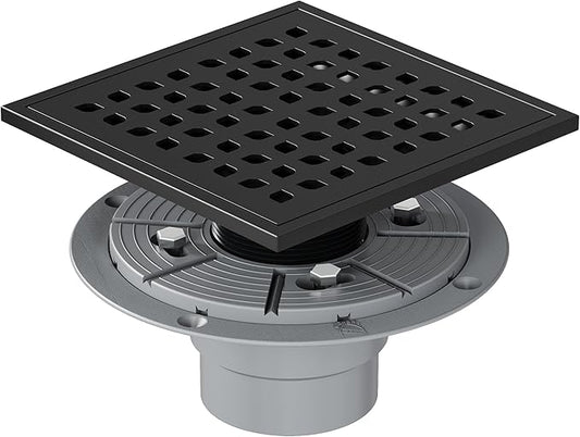 Neodrain Square Shower Drain,6 inch Black Stainless Steel 304 Grate and PVC Drain Body, Grate with Kit Includes Hair Trap/Strainer,Lifting Hook and PVC Drain Base